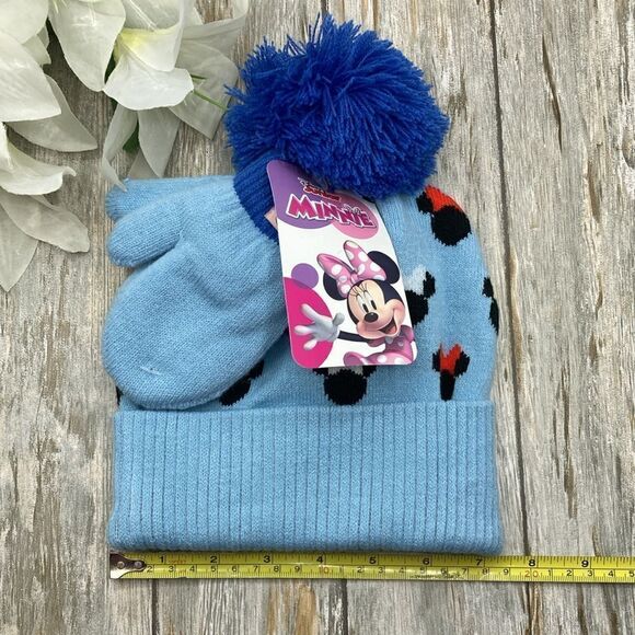 Baby Toddler Girls Minnie Mouse Knit Beanie Hat & Gloves Winter Cozy 2-Piece Set - Picture 3 of 7